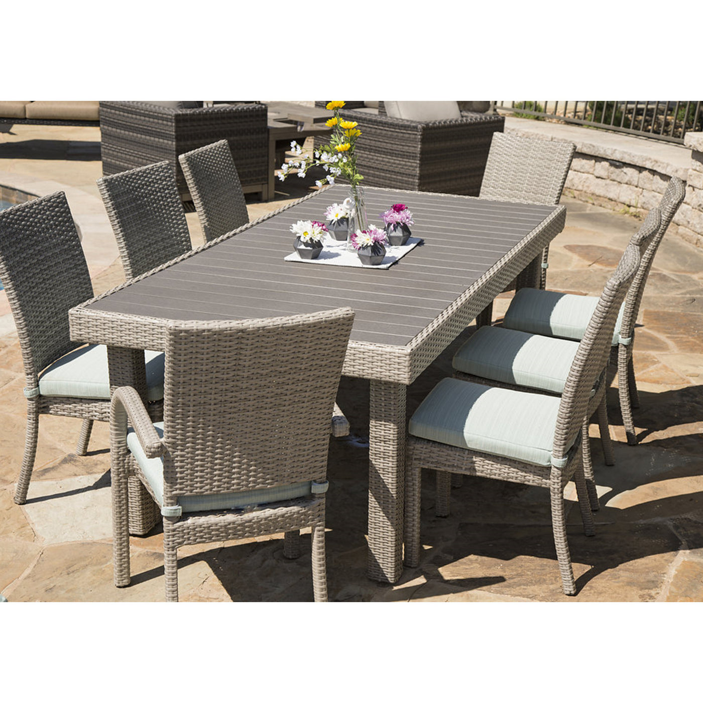 Balcones 9-Piece Outdoor Dining Table Set With 8-Dining Chairs, Gray/Aqua