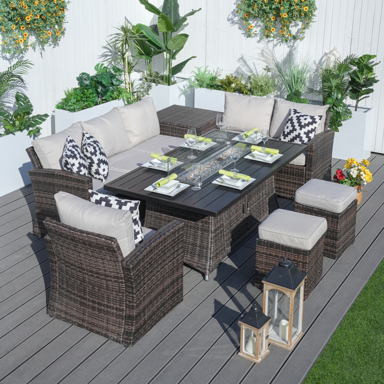 Direct Wicker 7-Piece Brown Wicker Patio Seating Rectangle Firepit Table Sofa Set (PAG-1403B+1106RA)