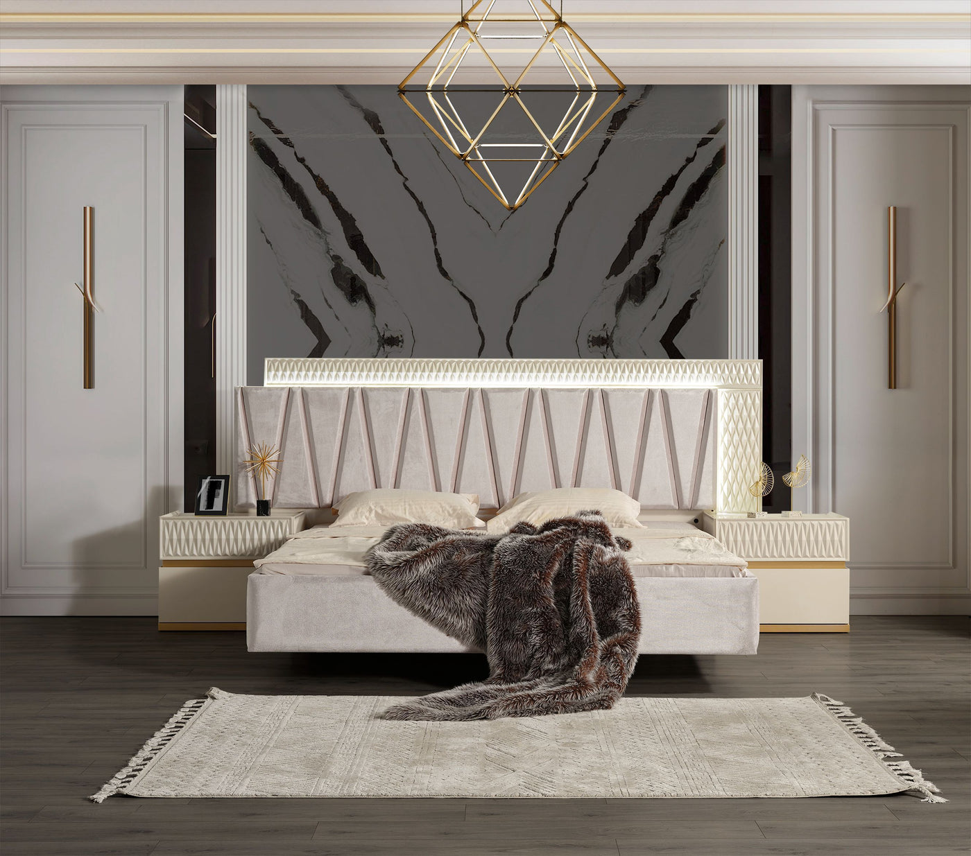 Delfano Modern Style King Bed Made with Wood in Beige