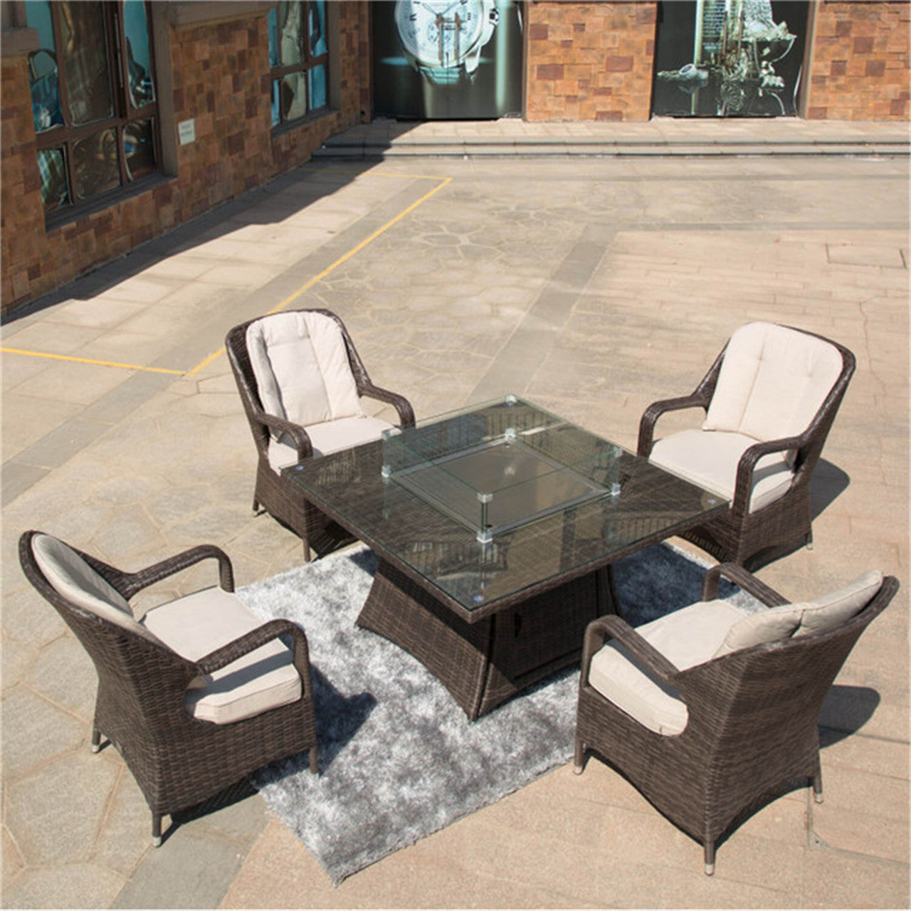 Direct Wicker 4-Seat Rattan Square Gas Firepit Dining Set with Eton Chairs