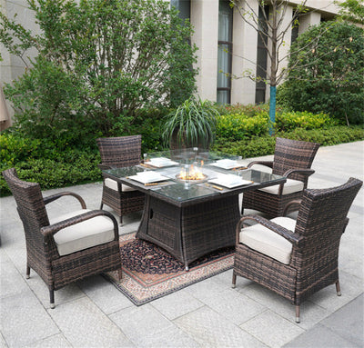 Direct Wicker 4-Seat Rattan Square Gas Firepit Dining Set with Eton Chairs