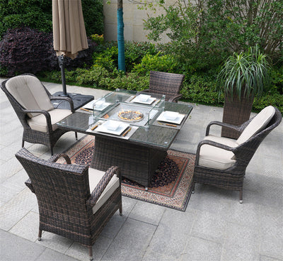 Direct Wicker 4-Seat Rattan Square Gas Firepit Dining Set with Eton Chairs