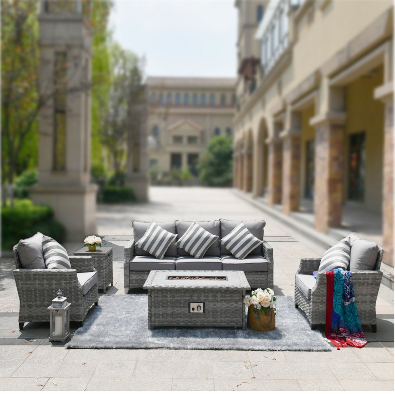 Direct Wicker Gray Patio Sofa Set with Fire Pit Table – Comfortable Outdoor Lounge (PAF-18Series)