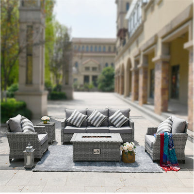 Direct Wicker Gray Patio Sofa Set with Fire Pit Table – Comfortable Outdoor Lounge (PAF-18Series)