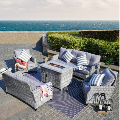 Direct Wicker Gray Patio Sofa Set with Fire Pit Table – Comfortable Outdoor Lounge (PAF-18Series)