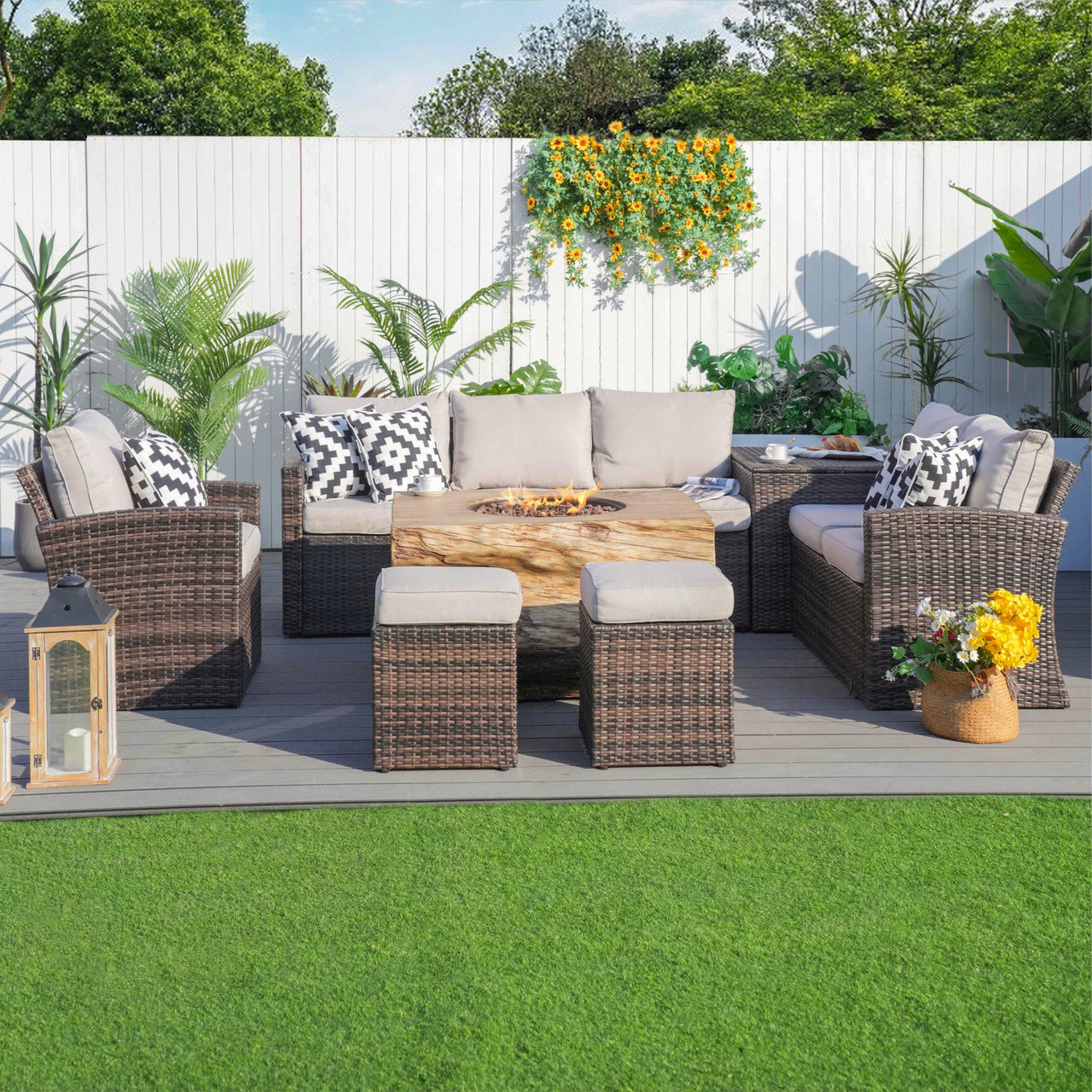 Direct Wicker Elegant Patio Seating Sofa Set With Fire Pit Table By Direct Wicker(PAG-1403B+2170)