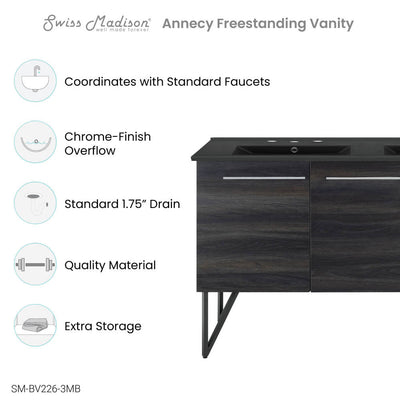 Swiss Madison Annecy 60 in. Black Walnut, Double Basin Bathroom Vanity With Black, 3-Hole Artificial Stone Sink Top SM-BV226D-3MB