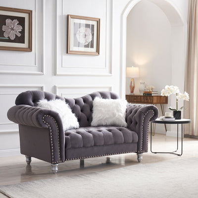 3 Piece Living Room Sofa Set, including 3-Seater Sofa, Loveseat and Sofa Chair, with Button and Copper Nail on Arms and Back, Five White Villose Pillow, Grey.