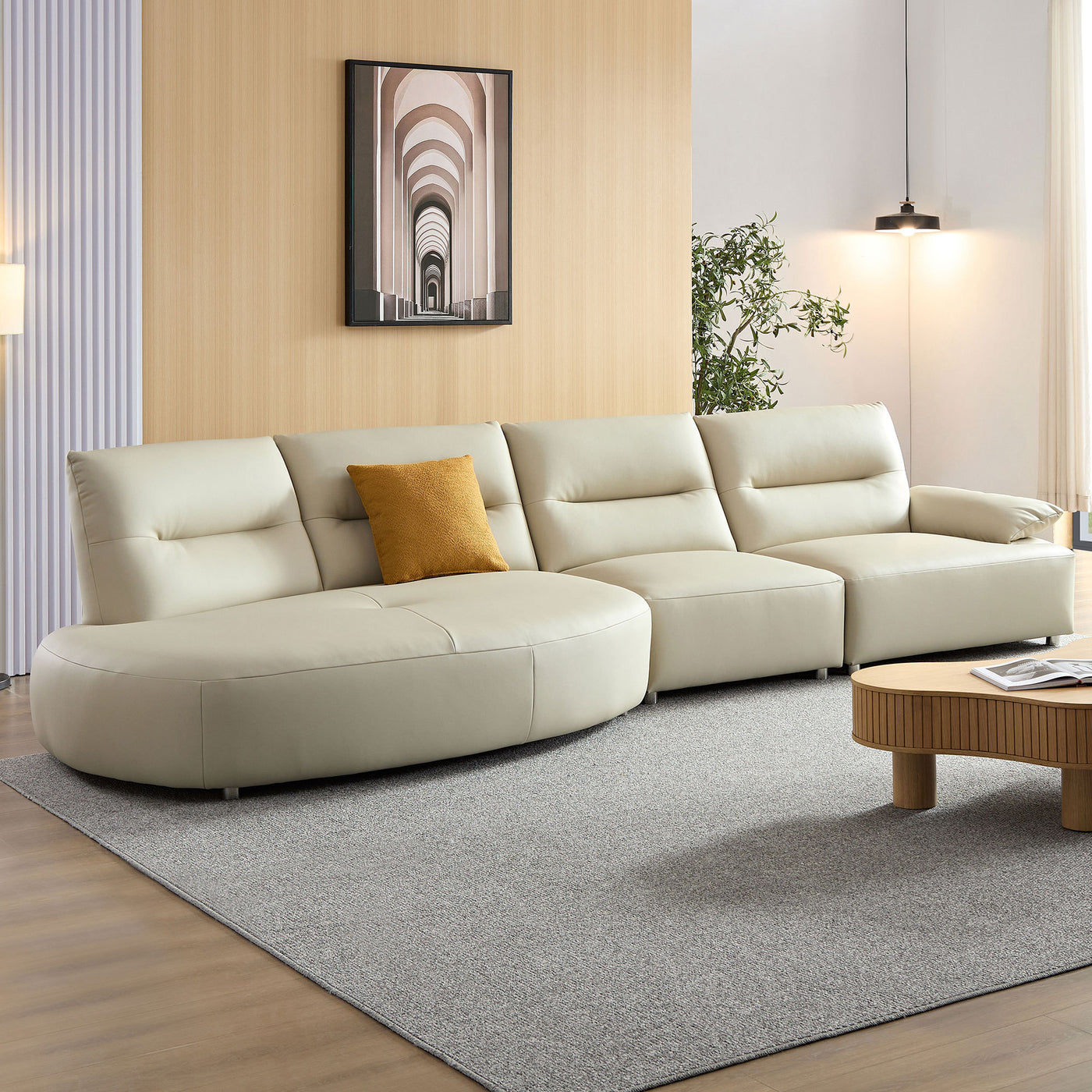 147.24'' Oversied Modern Sectional Curved Shaped Sofa Couch for Living Room,Upholstered 5-Seat Sofa Eco-leather Couch Set,Beige