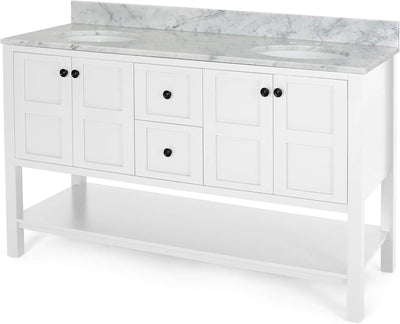 61'' Bathroom Vanity with Marble Top & Double Ceramic Sinks, 4 Doors, 2 Drawers, Open Shelf, White