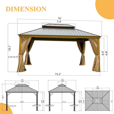 12'x16' Hardtop Gazebo Outdoor Aluminum Wood Grain Gazebos with Galvanized Steel Double Canopy for Patios Deck Backyard,Curtains&Netting (Wood-Looking)