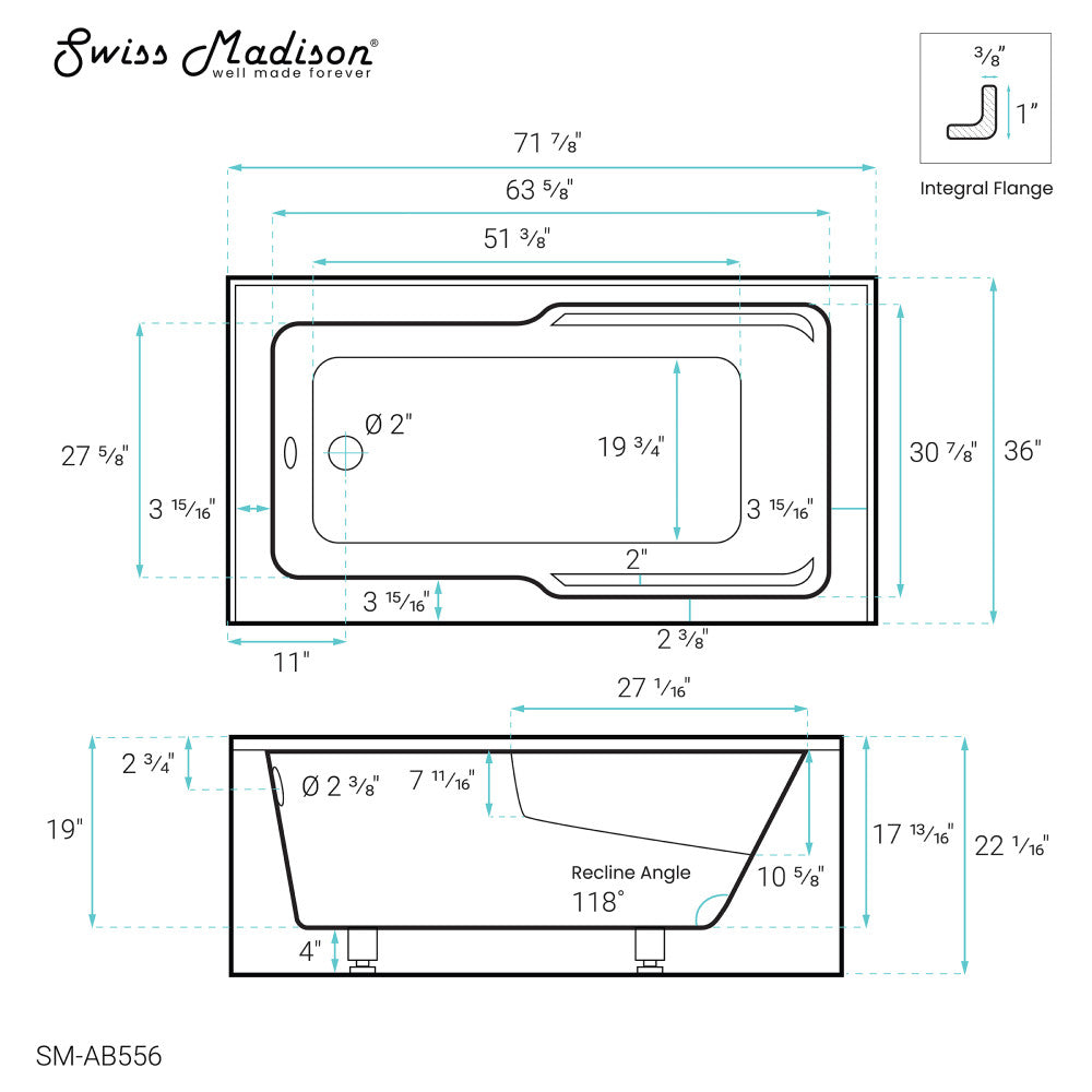 Swiss Madison Voltaire 72" x 36" Left-Hand Drain Alcove Bathtub with Apron and Armrest SM-AB556