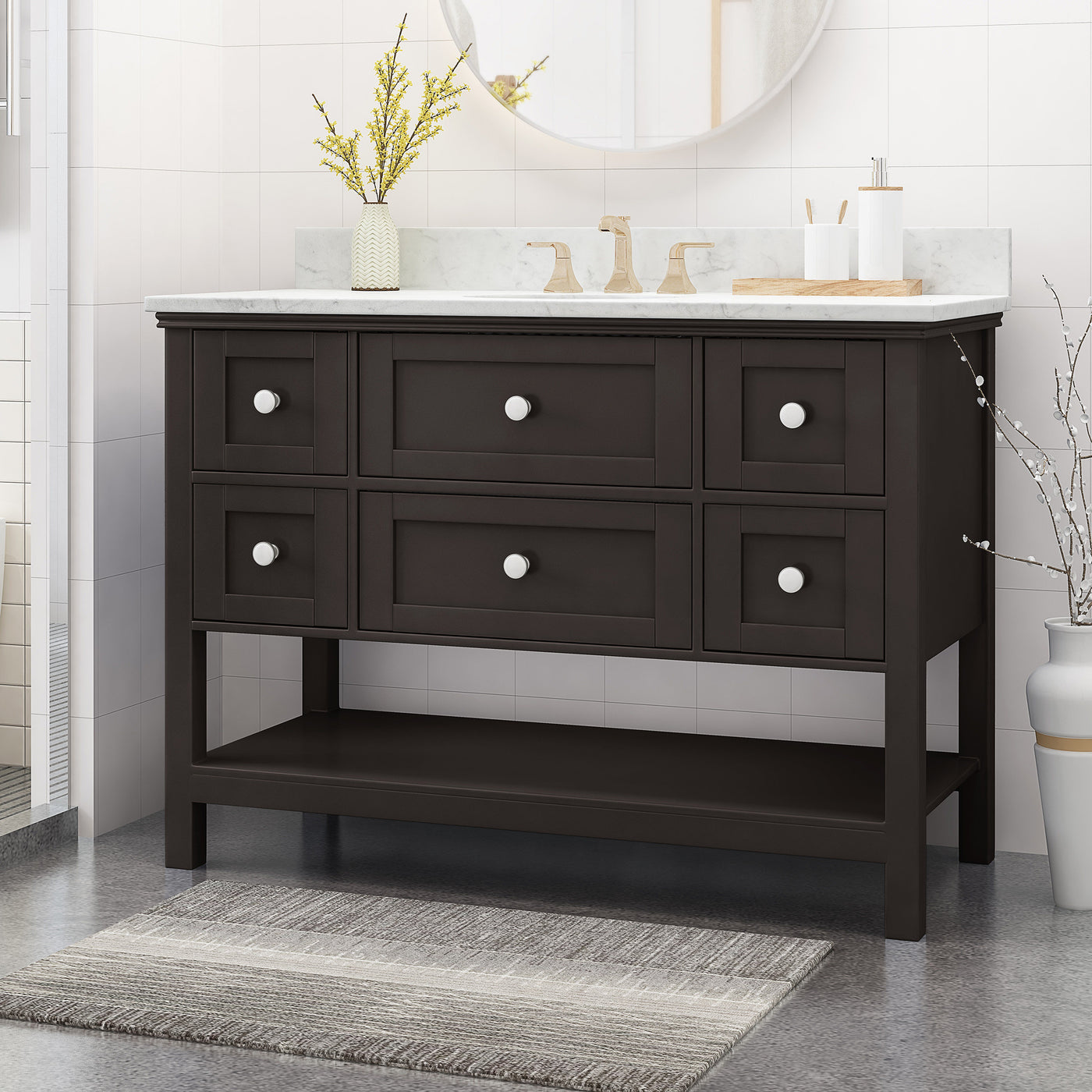 49'' Bathroom Vanity with Marble Top & Ceramic Sink, Open Shelf, 5 Drawers, Brown