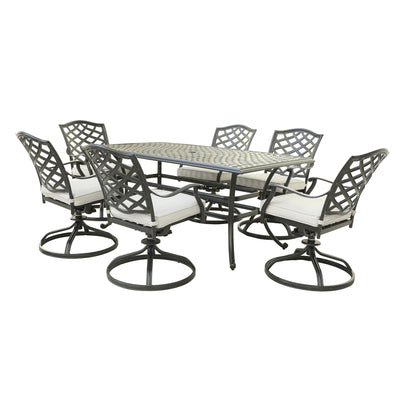 Aluminum 7-Piece Rectangular Dining Set With 6 Swivel Rockers, Cast Silver