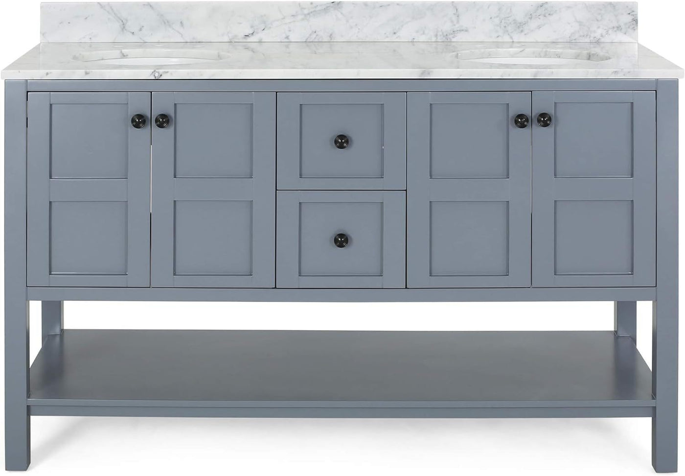 61'' Bathroom Vanity with Marble Top & Double Ceramic Sinks, 4 Doors, 2 Drawers, Open Shelf, Gray