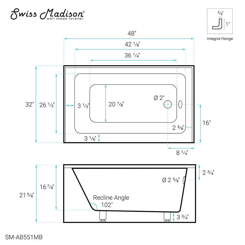 Swiss Madison Voltaire 48" x 32" Right-Hand Drain Alcove Bathtub with Apron in Matte Black SM-AB551MB