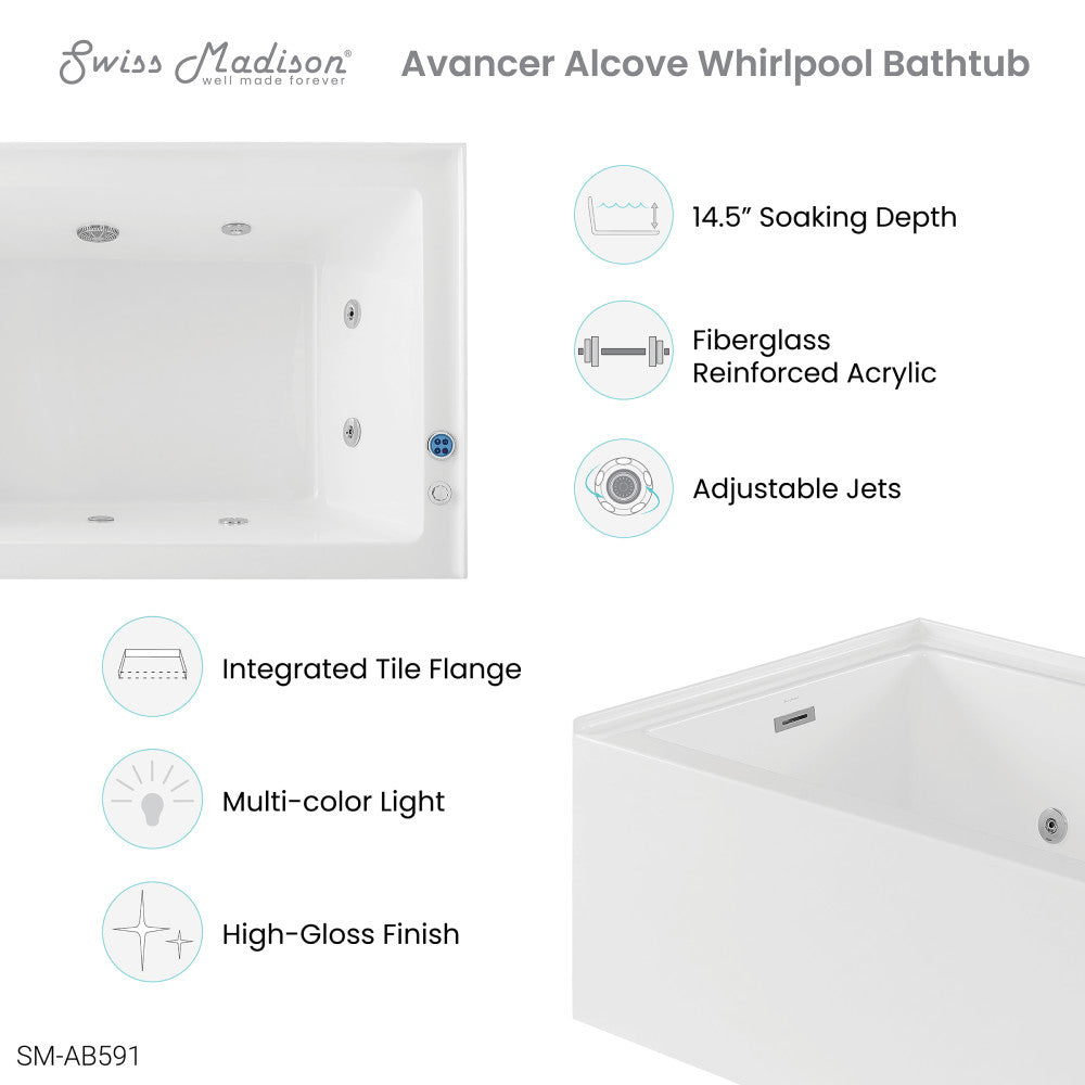 Swiss Madison Avancer 60" x 36" Right-Hand Drain Rectangular Alcove Whirlpool Bathtub with Apron SM-AB591