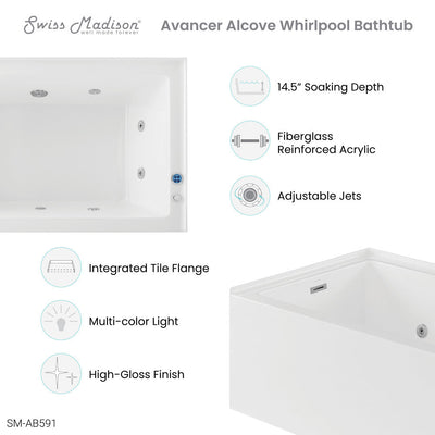 Swiss Madison Avancer 60" x 36" Right-Hand Drain Rectangular Alcove Whirlpool Bathtub with Apron SM-AB591