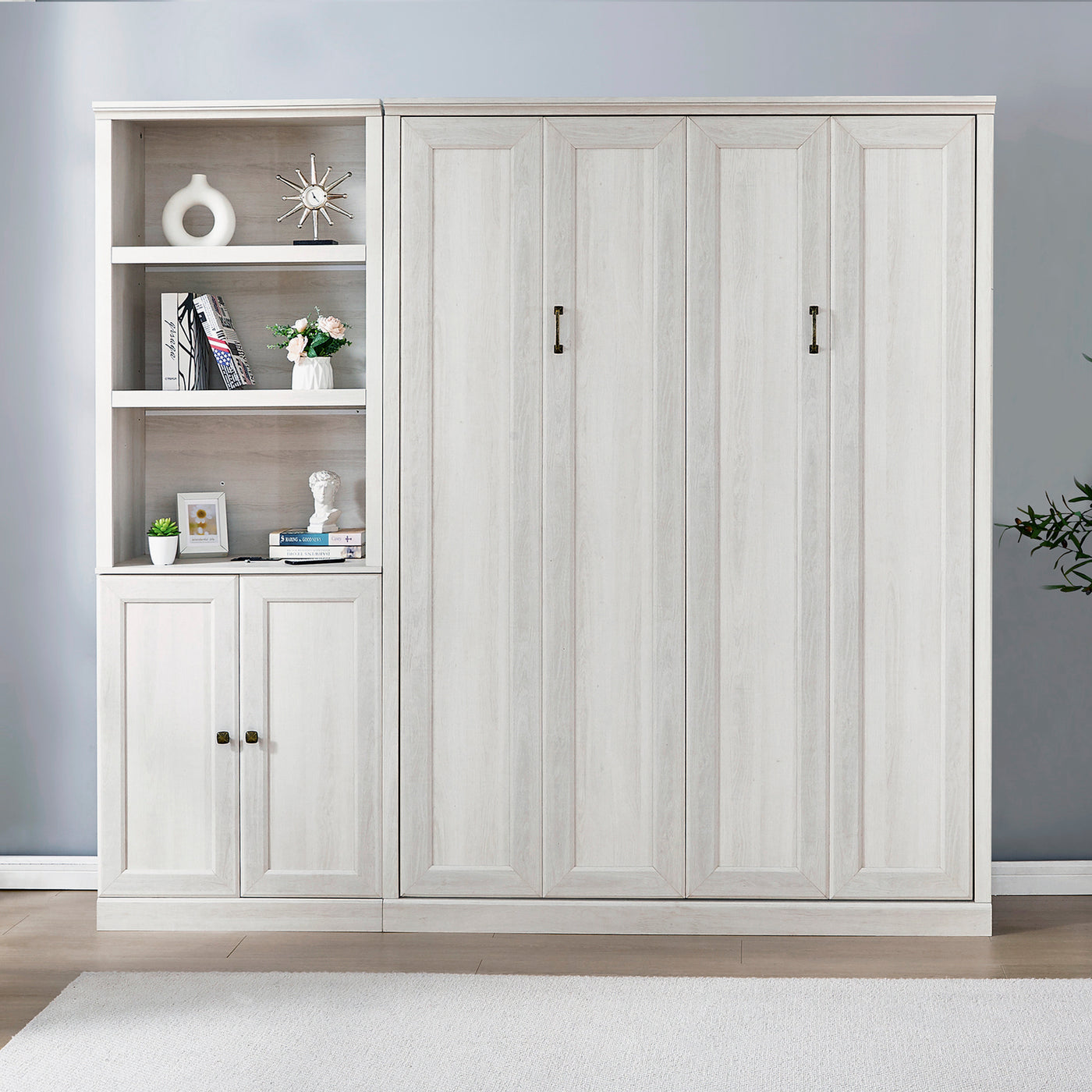 Full Size Half Self-Close and Open Murphy Bed with 1 Side Cabinet Storage Shelf, Cabinet Space-Saving Bed Perfect for Guest Room, Bed Room, Guest Room, Home Office, Rustic White