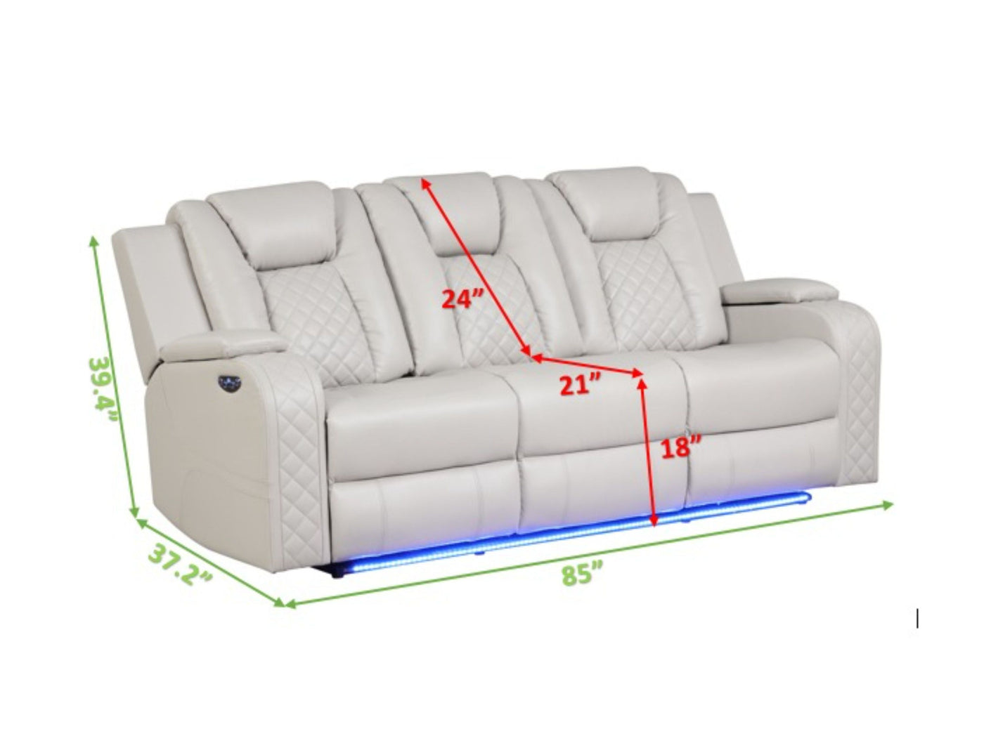 Benz LED & Power Reclining Sofa Made With Faux Leather in Ice