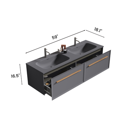 U054-Nevia60W-207 Nevia 60" Exclusive Gray Bathroom Vanity with Gray Solid Surface Sink, Wall Mounted Floating Bathroom Vanity for Modern Bathroom, One-Piece Gray Basin WITHOUT Drain, Pre-assembled