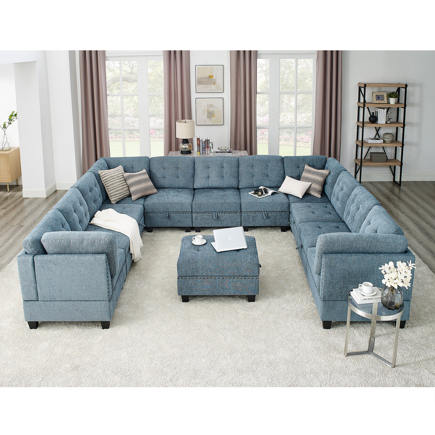 U shape Modular Sectional Sofa,DIY Combination,includes Seven Single Chair, Four Corner and One Ottoman,Navy Blue