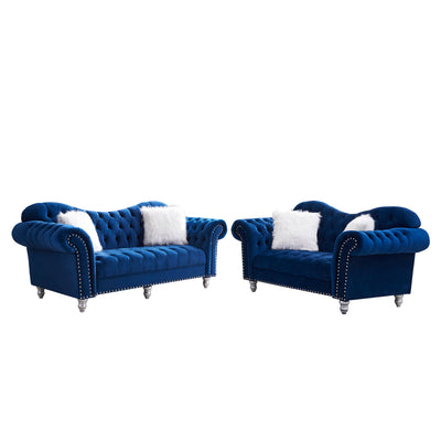 3 Piece Living Room Sofa Set, including 3-Seater Sofa, Loveseat and Sofa Chair, with Button and Copper Nail on Arms and Back, Five White Villose Pillow, Blue.