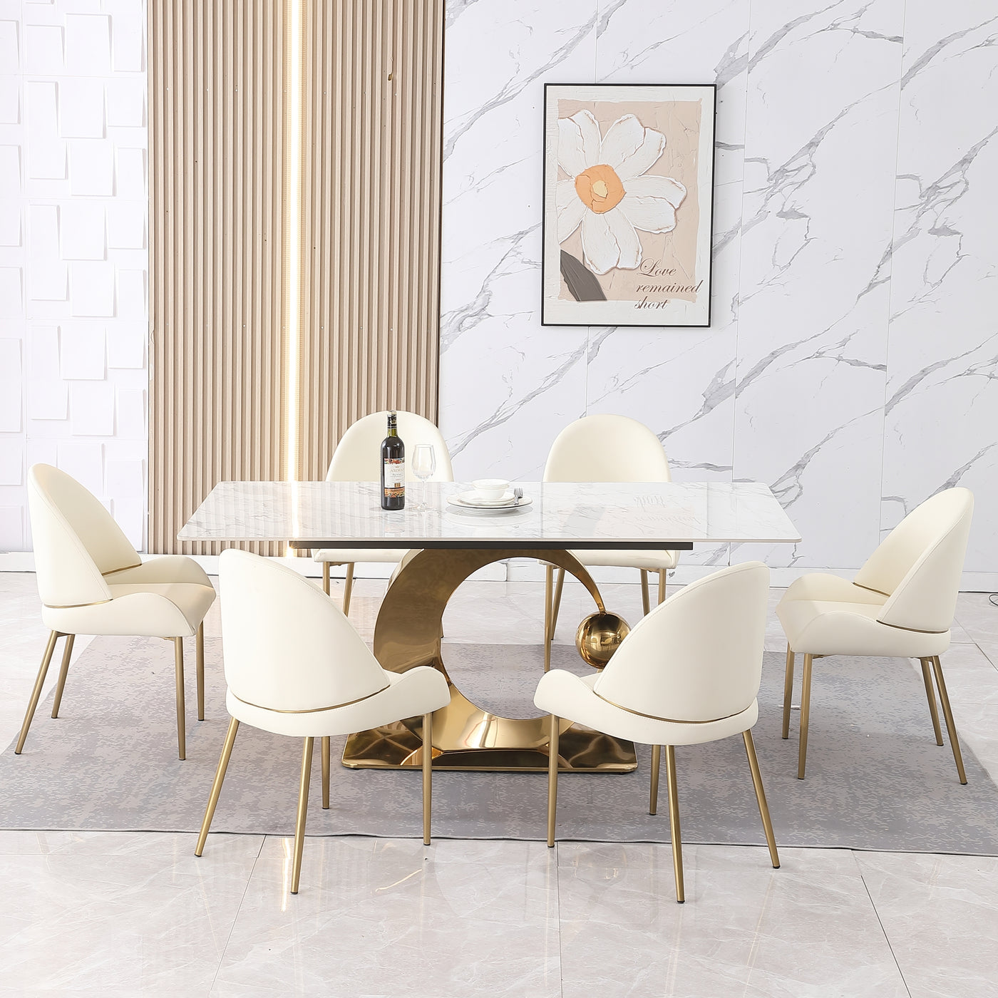 71-Inch Stone DiningTable with Carrara White color and Round special shape carbon steel  Pedestal Base with 6PCS Chairs