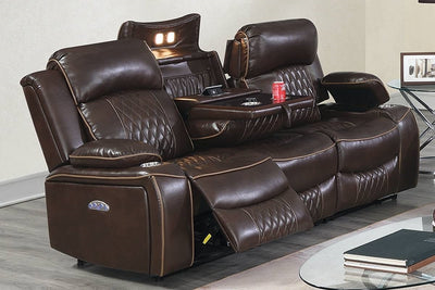 Power Motion Sofa 1pc Contemporary Brown Color Gel Leatherette Storage Arms w Cup Holder Living Room Furniture