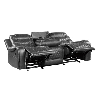 Luxurious Living Room Furniture 2pc Reclining Sofa Set Gray Breathable Faux Leather Upholstery Center Drop-Down Cup Holders, Power Outlets, USB Ports, Diamond Pattern Stitching