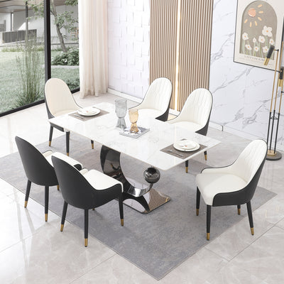 71-Inch Stone DiningTable with Carrara White color and Round special shape carbon steel  Pedestal Base with 6PCS Chairs