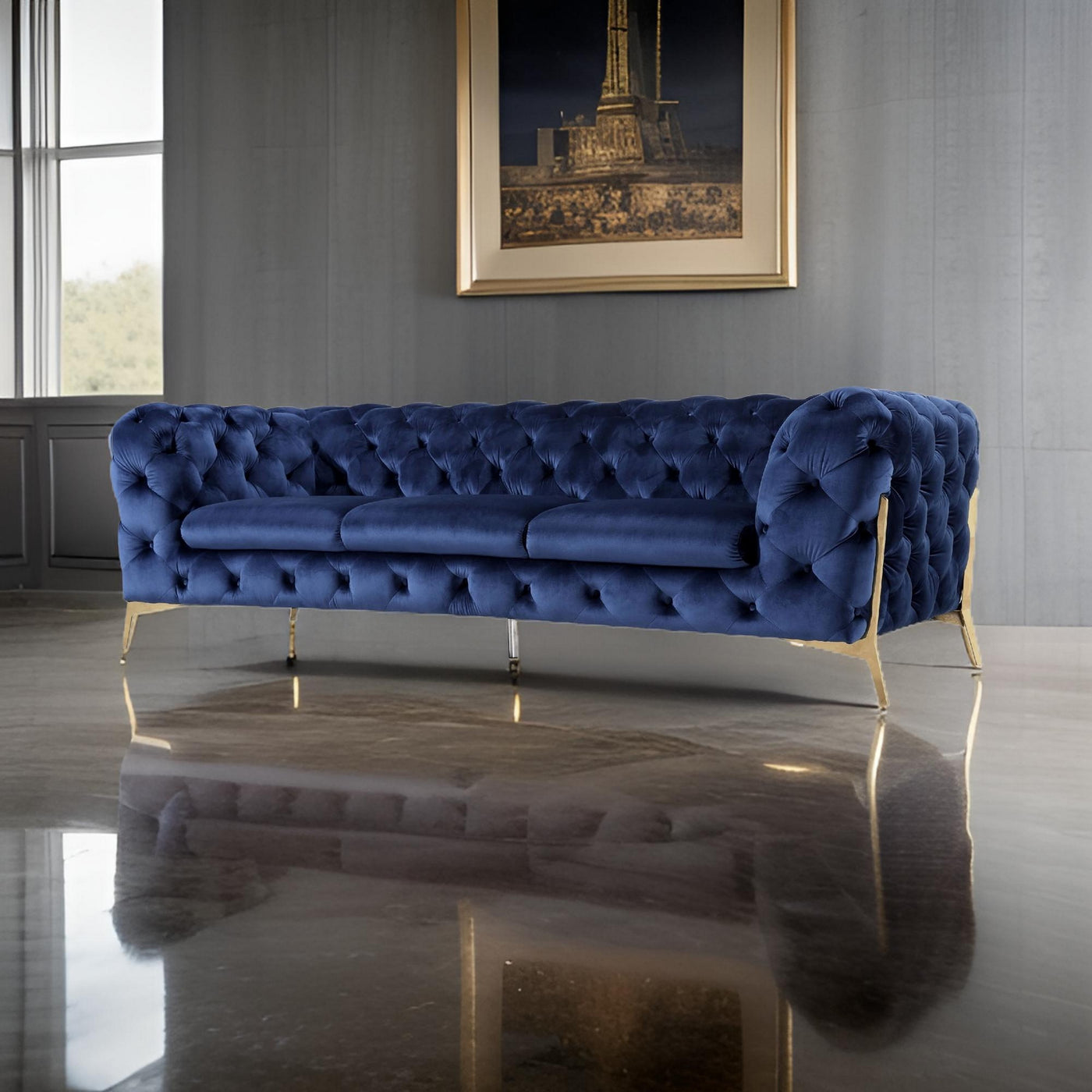 Reno Joni 97 Inch Modern Sofa, Chesterfield, Velour Fabric, Blue, Gold