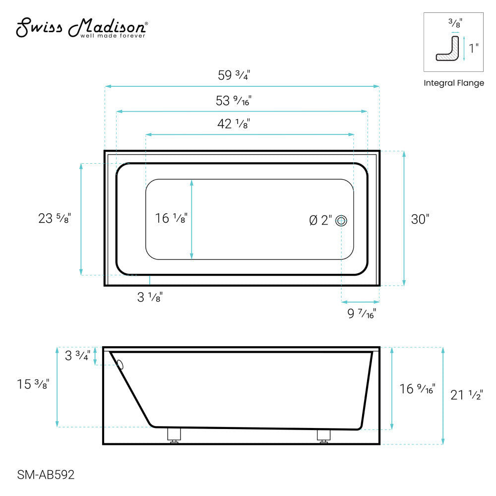 Swiss Madison Voltaire 60" x 30" Right-Hand Drain Alcove Bathtub with Apron SM-AB592