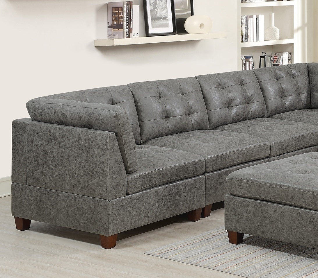 Living Room Furniture Antique Grey Modular Sectional 9pc Set Breathable Leatherette Tufted Couch 3x Corner Wedge 4x Armless Chairs and 2x Ottoman