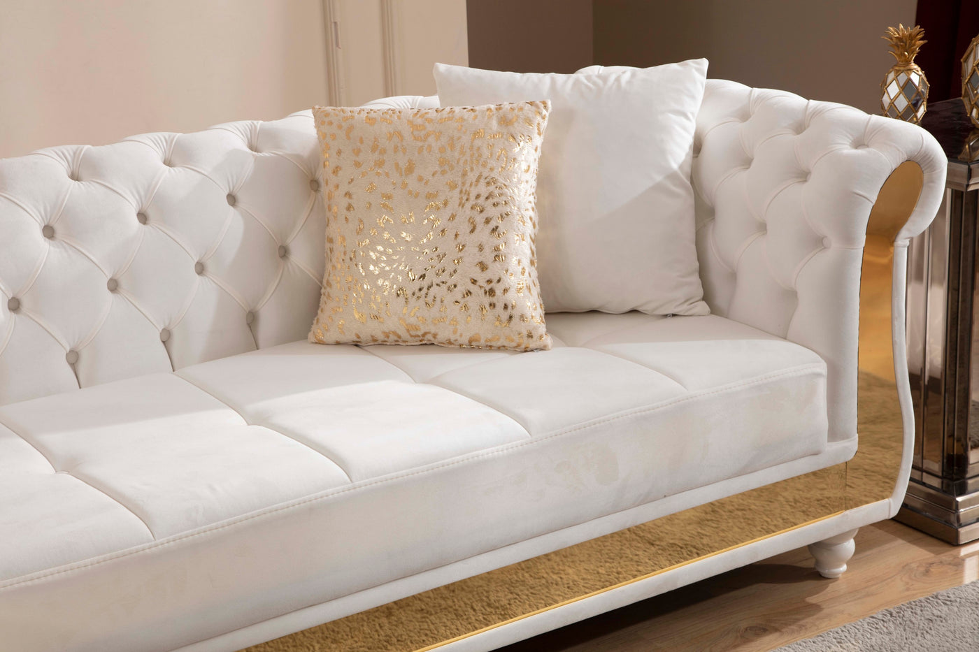 Julia Gold Detailed Tufted Upholstery Sectional made with Wood In Off White