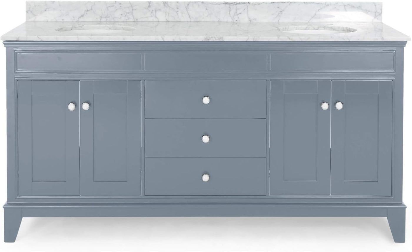 73'' Bathroom Vanity with Marble Top & Double Ceramic Sinks, 4 Doors, 3 Drawers, Gray