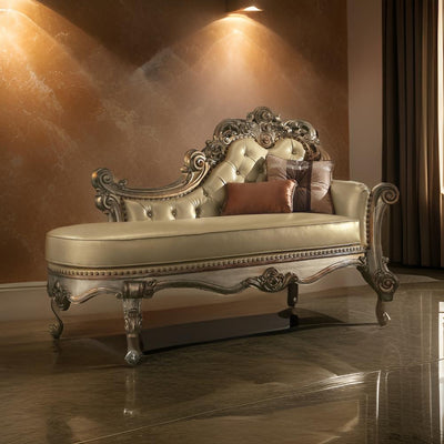 Wooden Gracious Chaise with 2 Pillows, Gold Patina & Bone