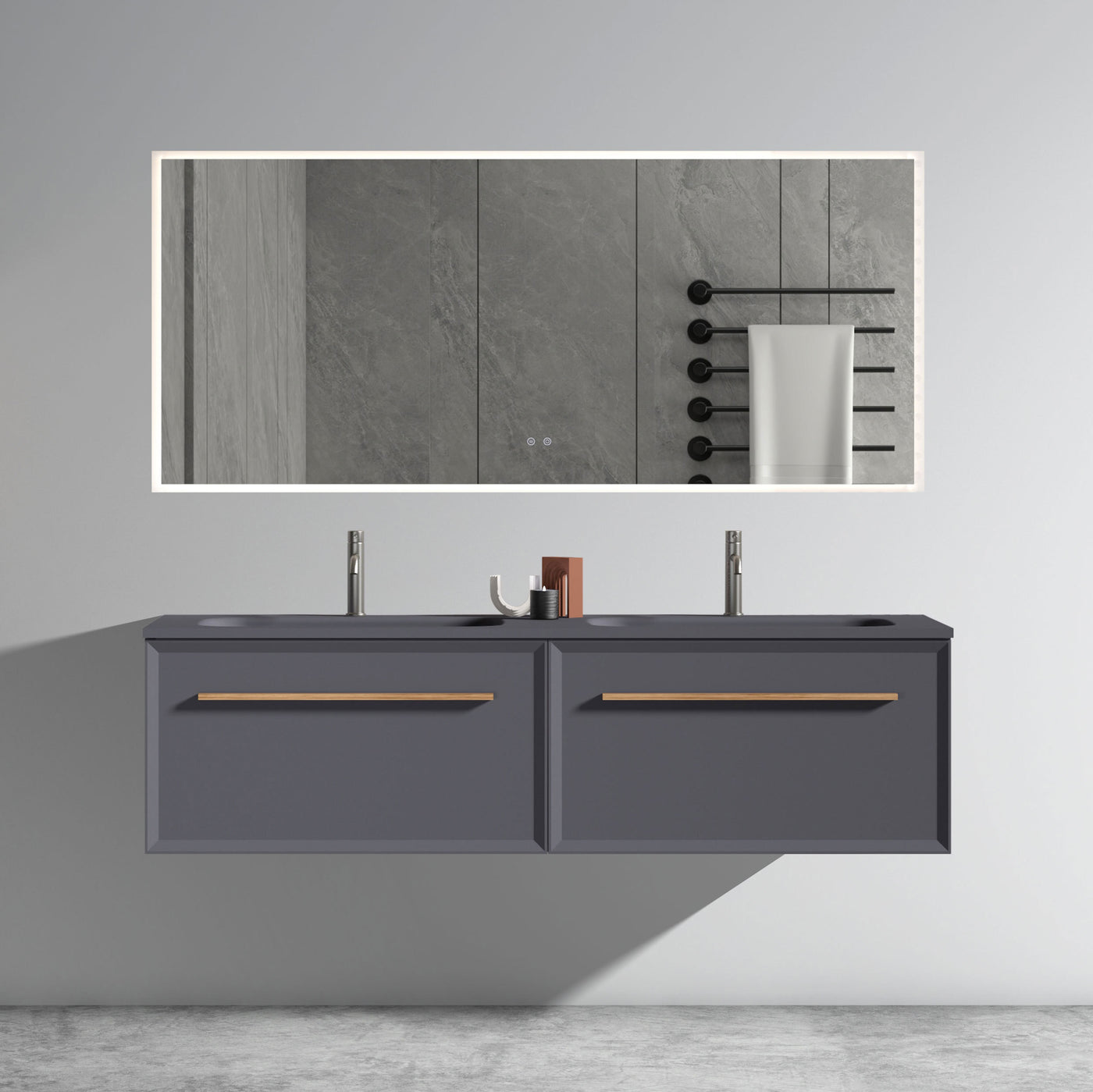 U054-Nevia60W-207 Nevia 60" Exclusive Gray Bathroom Vanity with Gray Solid Surface Sink, Wall Mounted Floating Bathroom Vanity for Modern Bathroom, One-Piece Gray Basin WITHOUT Drain, Pre-assembled