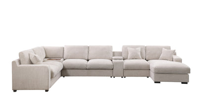 Celine 141.5" Beige Chenille Fabric Corner Sectional Sofa with Right-Facing Chaise, Cupholders, and Charging Ports