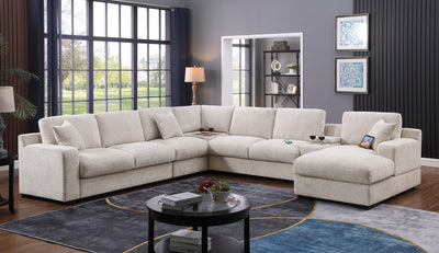 Celine 141.5" Beige Chenille Fabric Corner Sectional Sofa with Right-Facing Chaise, Cupholders, and Charging Ports