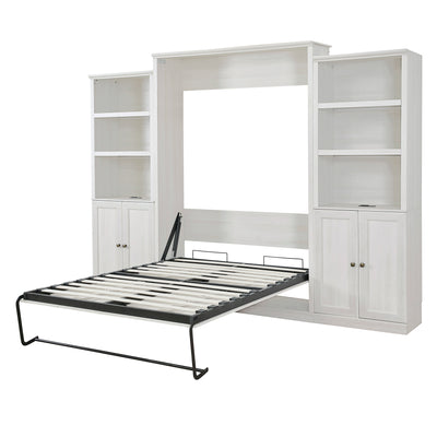 Queen Size Half Self-Close and Open Murphy Bed with 2 Side Cabinet Storage Shelf, Cabinet Space-Saving Bed Perfect for Guest Room, Bed Room, Guest Room, Home Office, Rustic White