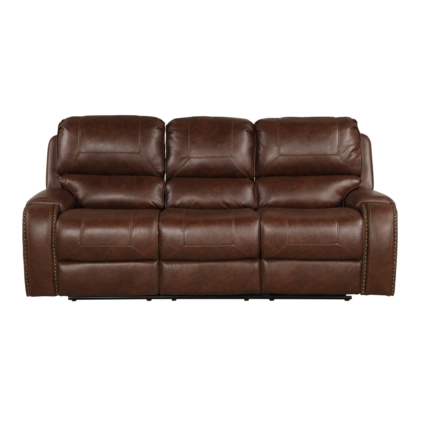 Achern Brown Leather-Air Nailhead Manual Reclining Sofa and Loveseat with Storage Console and USB Port