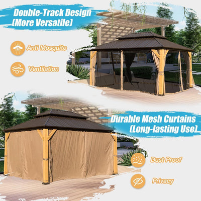 10x14FT Cedar Wood Gazebo, Solid Wood Hardtop Gazebo with Galvanized Steel Double Roof, Netting & Curtains, Outdoor Gazebo for Patio, Backyard, Deck, Lawns