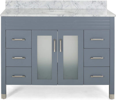 49'' Bathroom Vanity with Marble Top & Ceramic Sink, 2 Doors with Glass, 6 Drawers, Gray