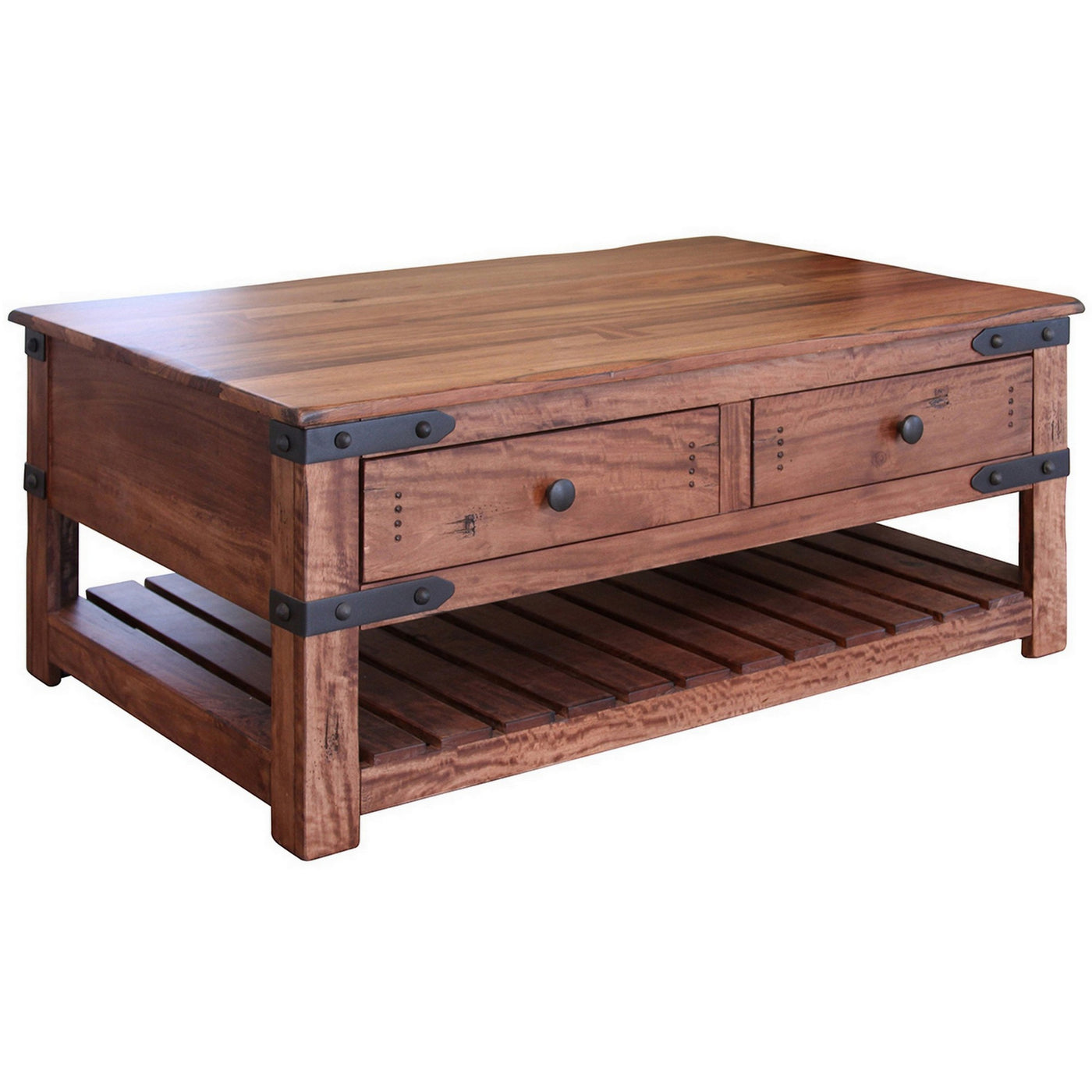 Umey 50 Inch 4 Drawer Coffee Table, Slatted Bottom Shelf, Brown Solid Wood