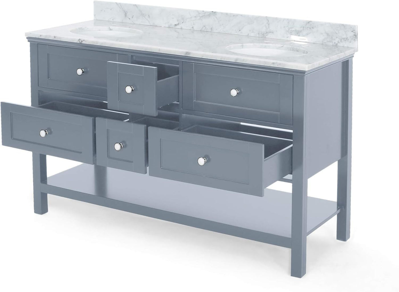 61'' Bathroom Vanity with Marble Top & Double Ceramic Sinks, 4 Drawers, Open Shelf, Gray