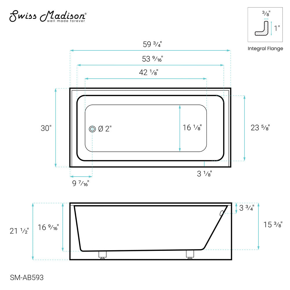 Swiss Madison Voltaire 60" x 30" Left-Hand Drain Alcove Bathtub with Apron SM-AB593