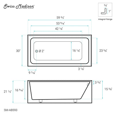 Swiss Madison Voltaire 60" x 30" Left-Hand Drain Alcove Bathtub with Apron SM-AB593