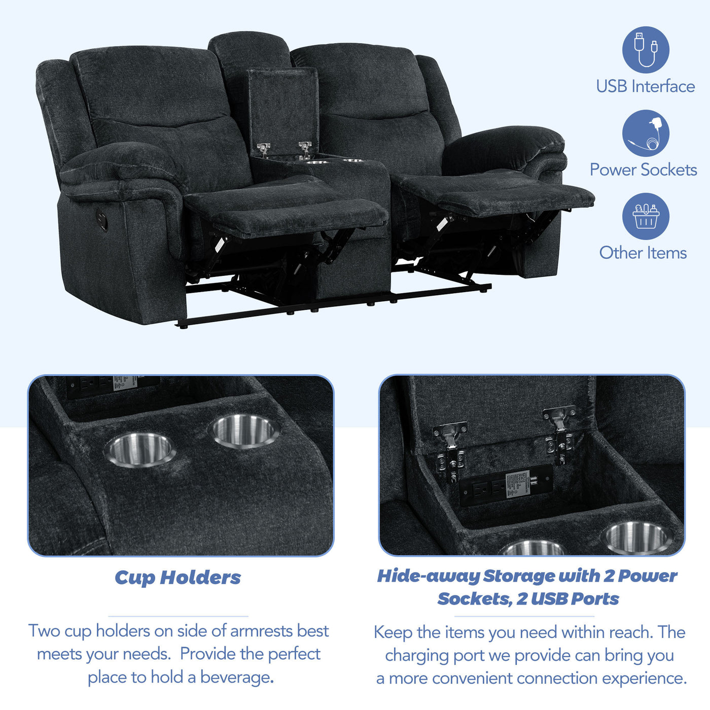 Home Theater Seating Manual Reclining Sofa with Cup Holders,Hide-Away Storage, 2 USB Ports and 2 Power Sockets for Living Room, Bedroom, Dark Blue