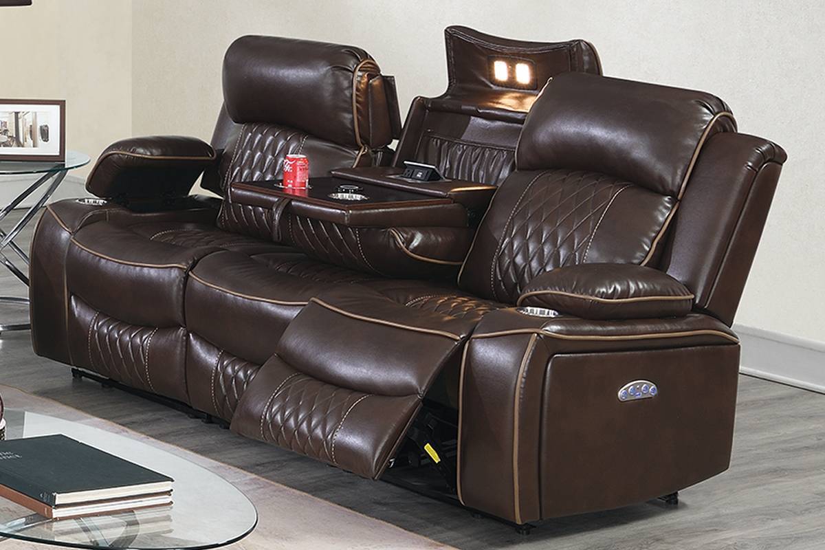 Power Motion Sofa 1pc Contemporary Brown Color Gel Leatherette Storage Arms w Cup Holder Living Room Furniture